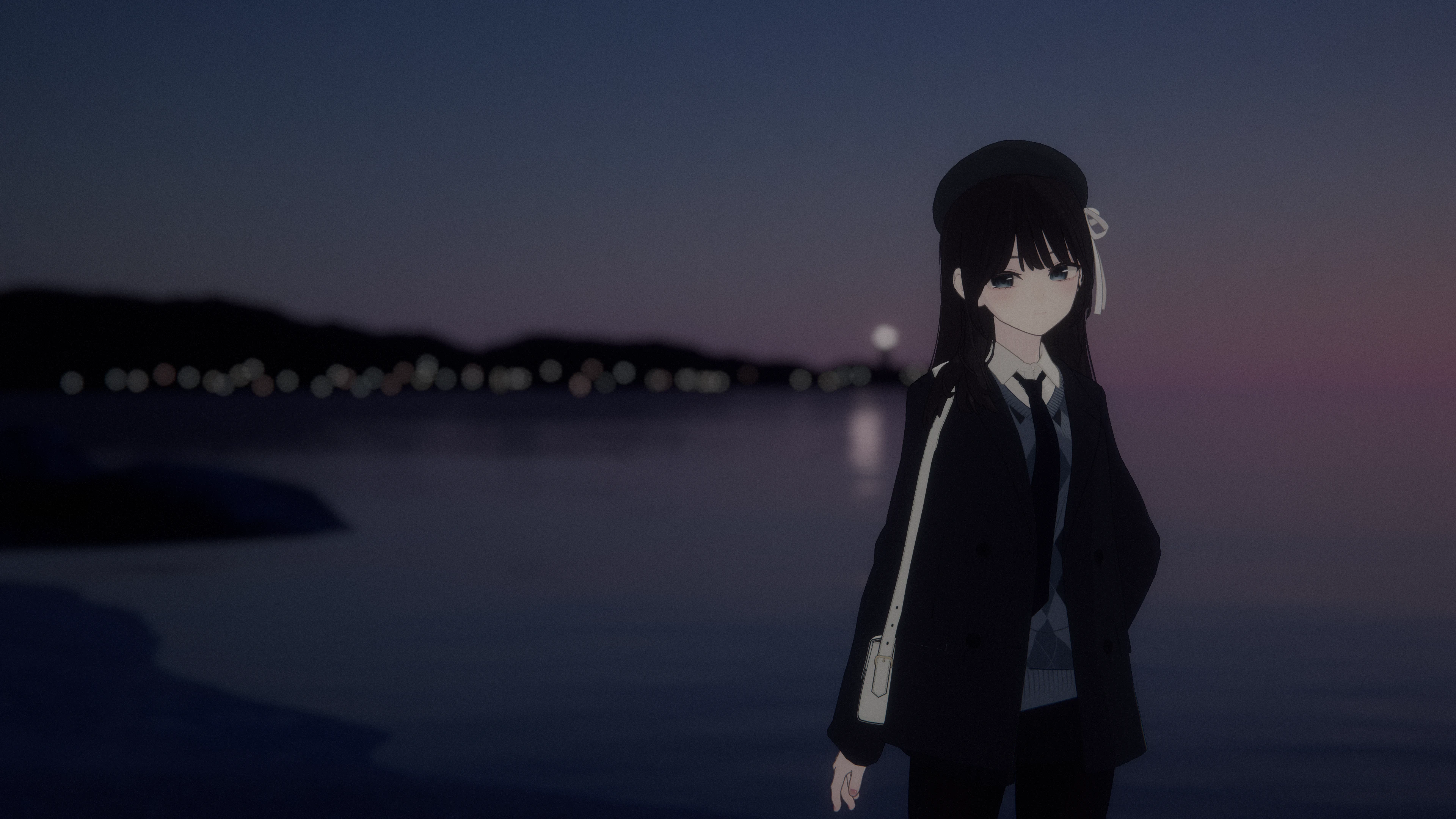 Anime-style avatar standing beside a lake at dusk with blurred shoreline lights behind her in VRChat.