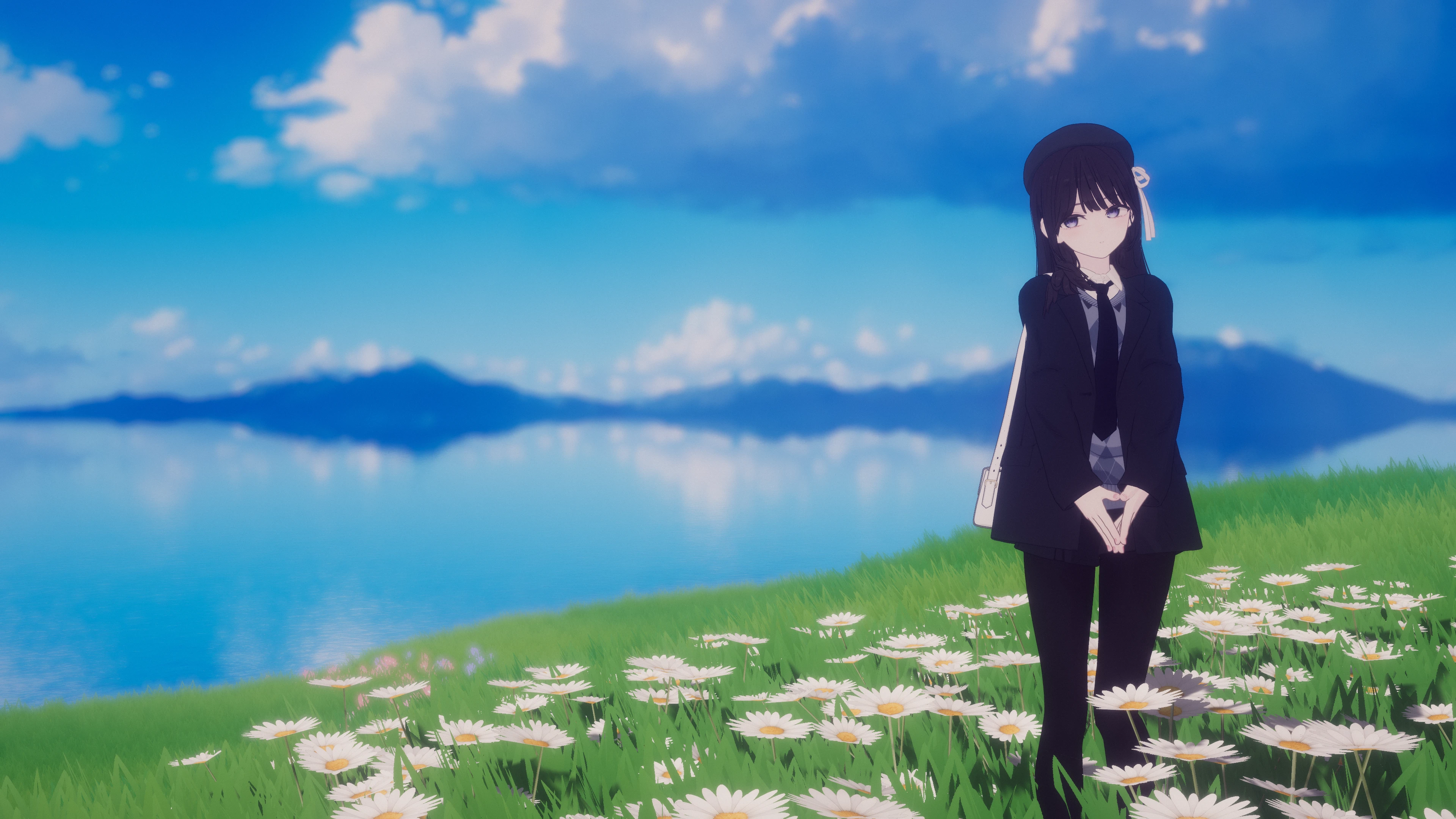Anime-style avatar standing in a sunny hillside field of daisies beside a blue lake in VRChat.