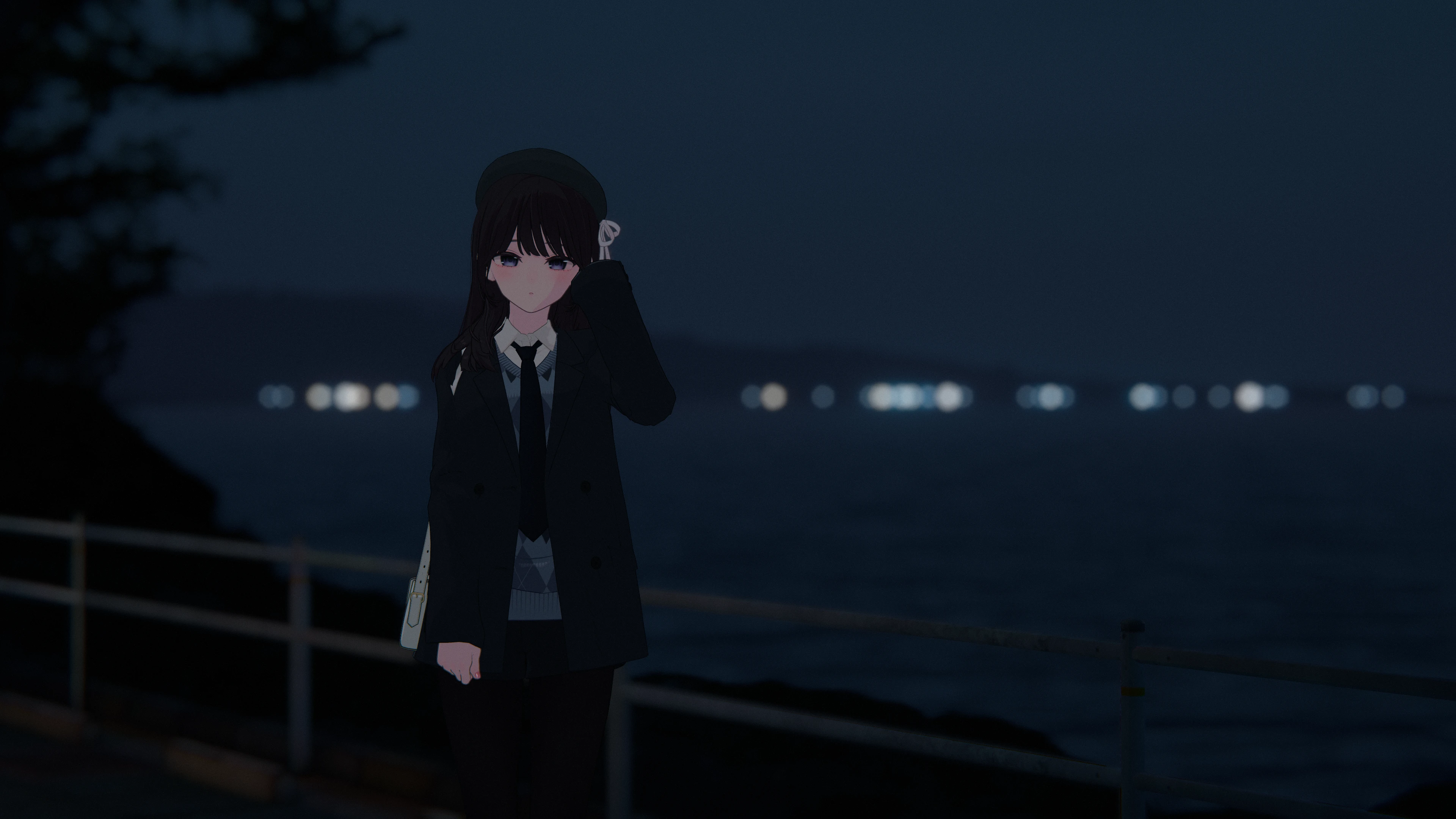 Anime-style avatar standing by a seaside road at night with distant lights across the water in VRChat.