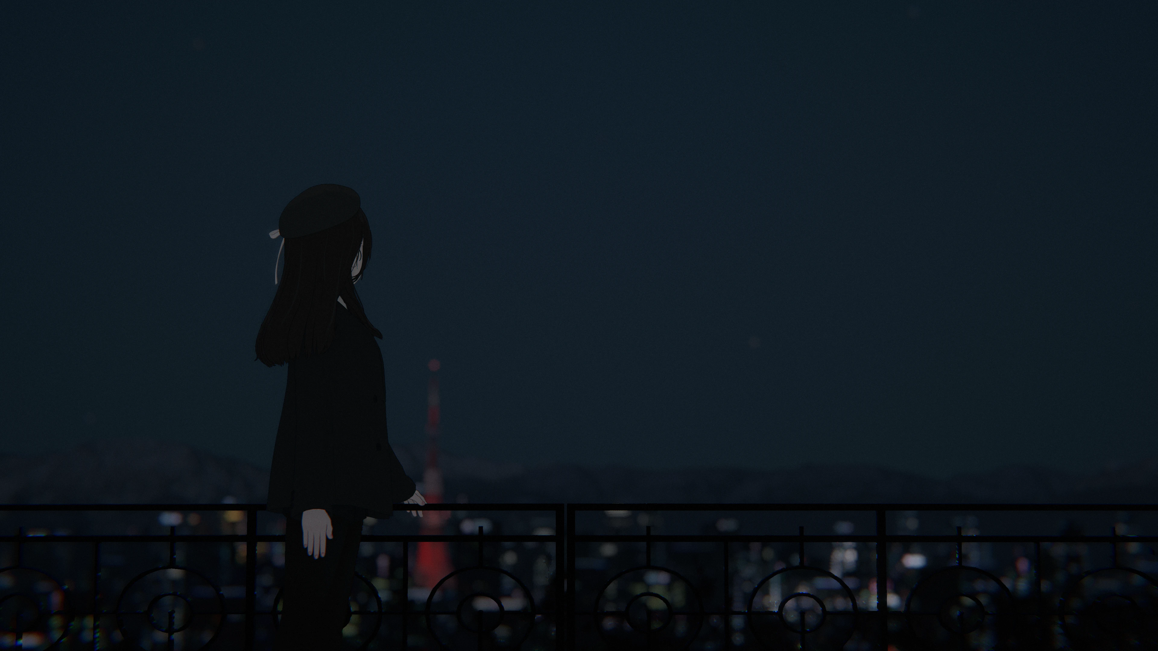 Anime-style avatar standing by a rooftop railing and looking toward a dark city skyline in VRChat.