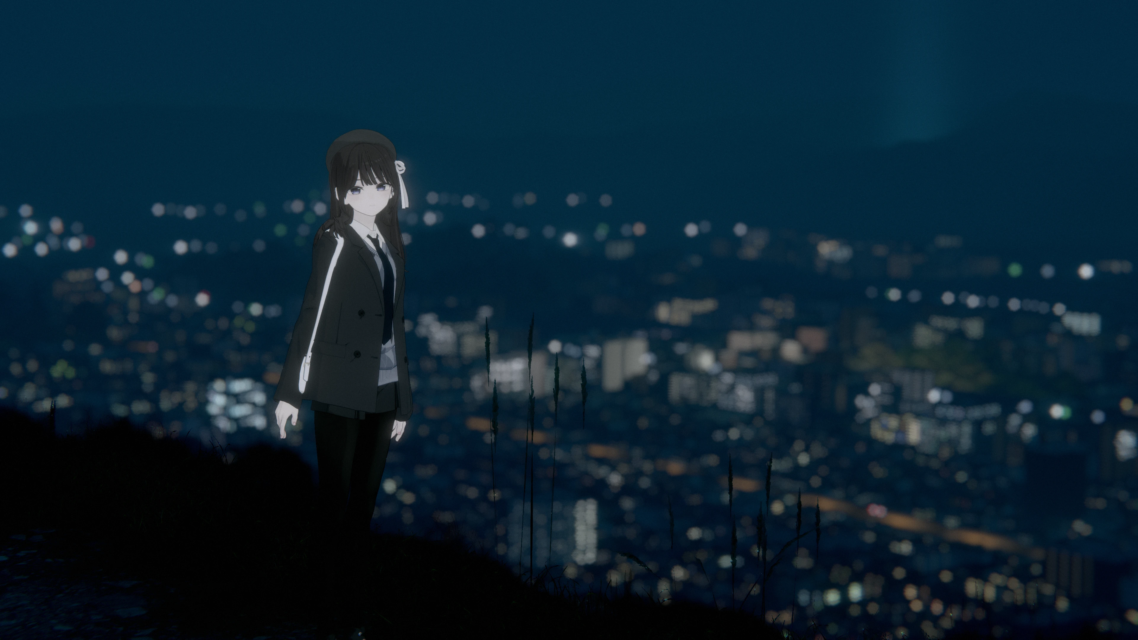 Anime-style avatar standing on a hillside overlooking blurred city lights at night in VRChat.