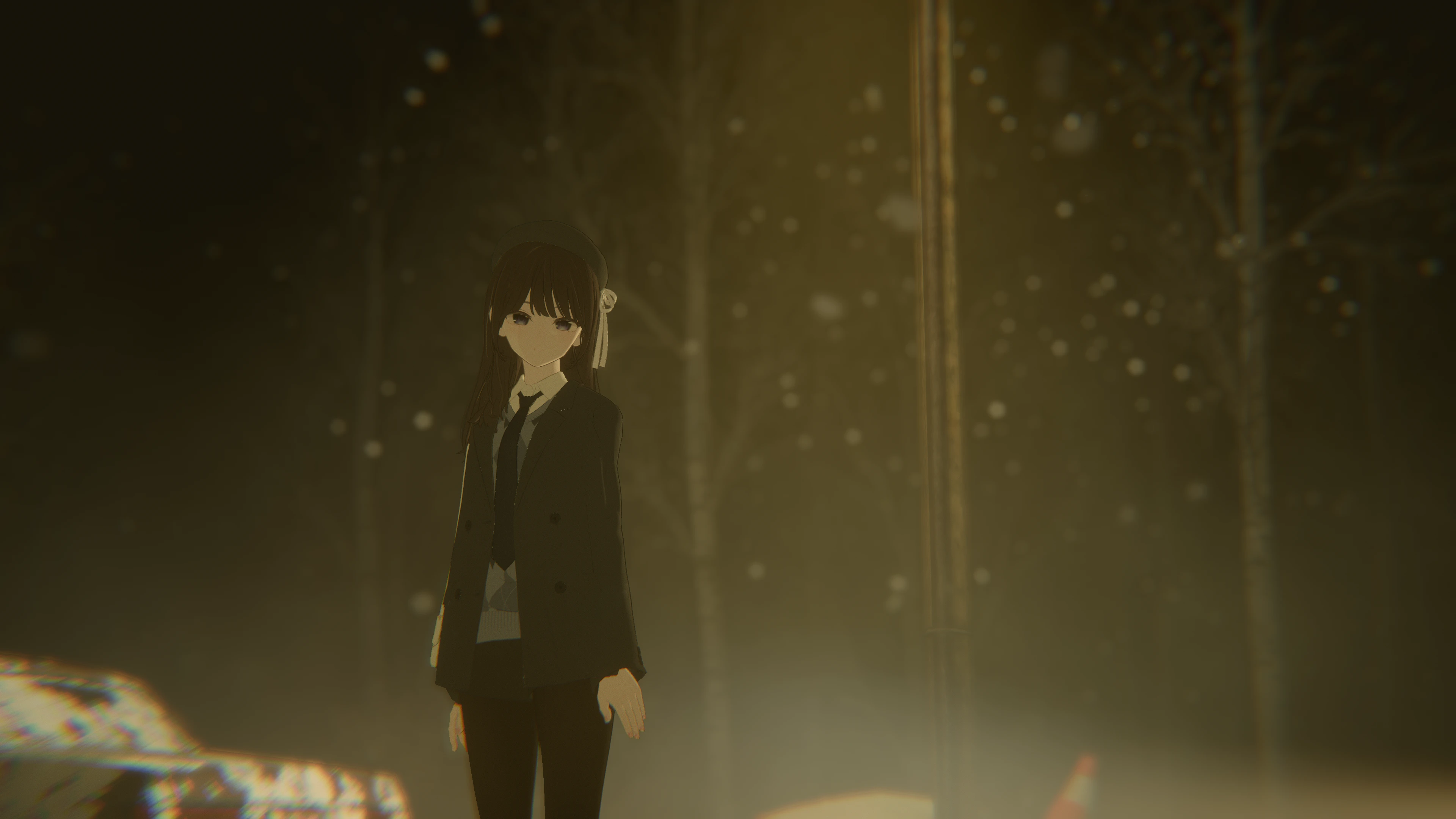 Anime-style avatar standing under warm golden light while snow falls in VRChat.