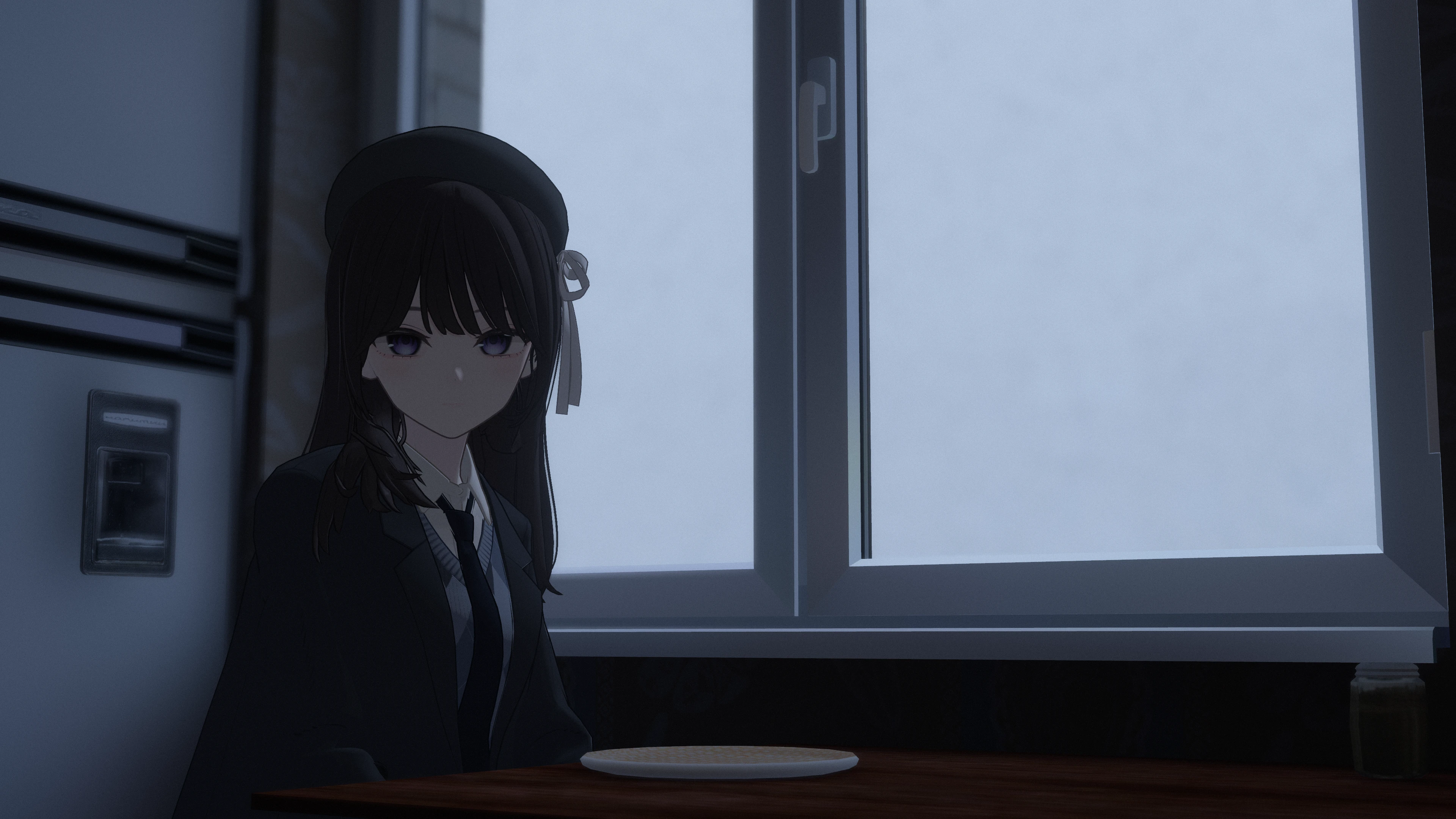 Anime-style avatar sitting by a bright window at a small table in VRChat.