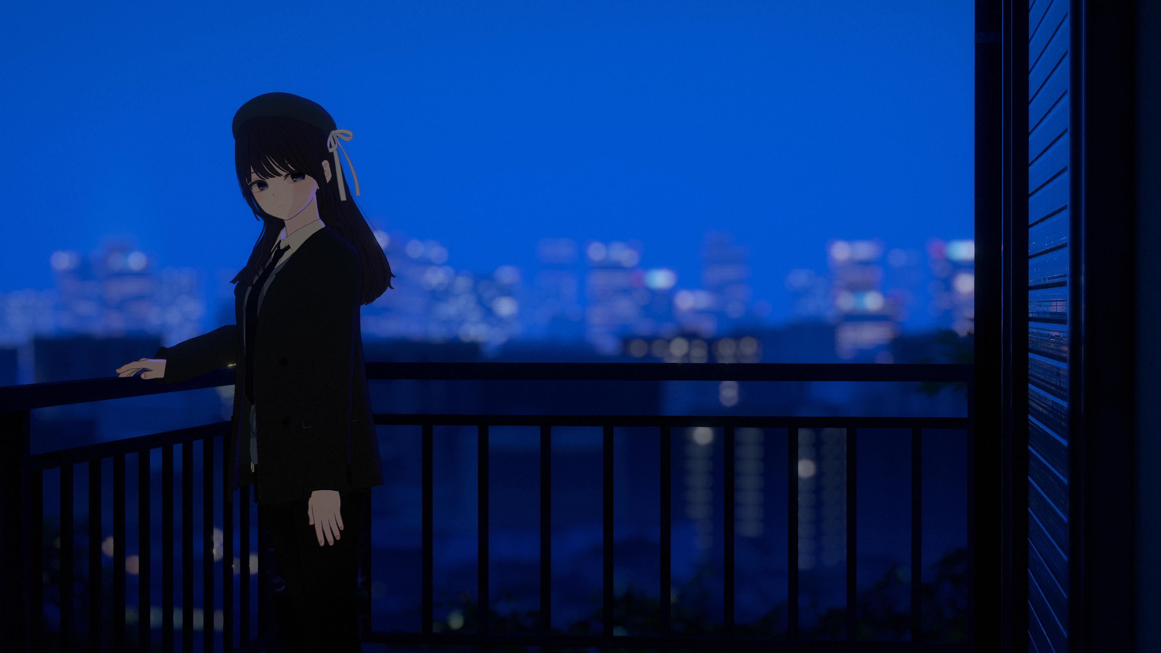 Anime-style avatar leaning on a balcony railing above blue city lights at night in VRChat.