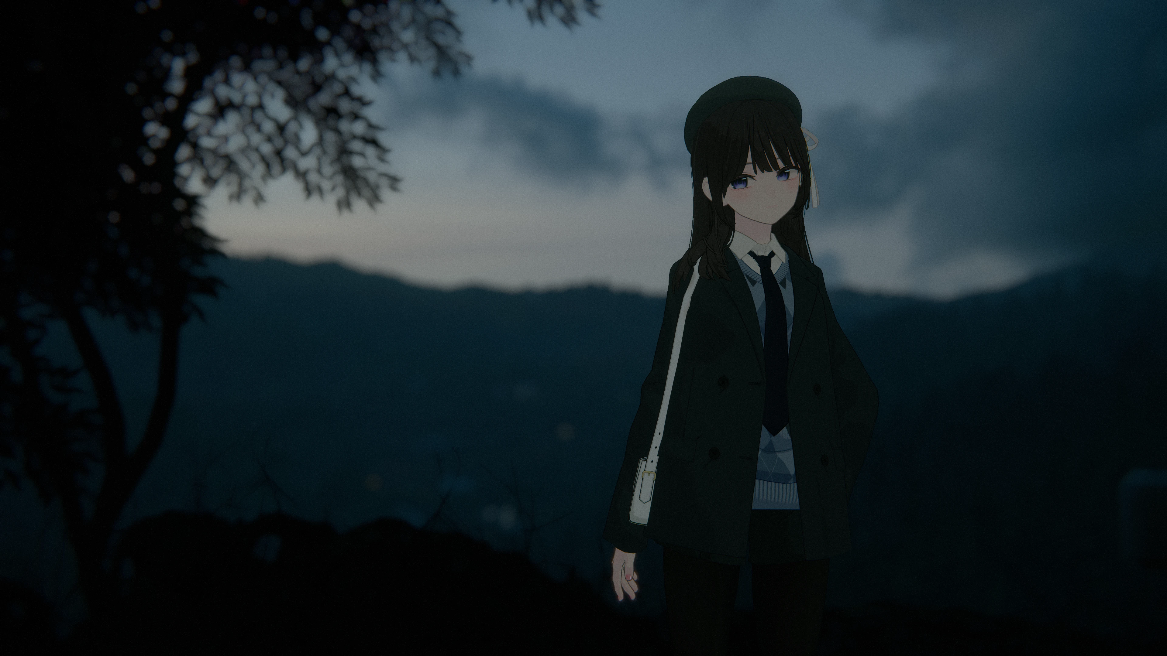 Anime-style avatar standing on a dark hillside at twilight with trees and mountains behind her in VRChat.