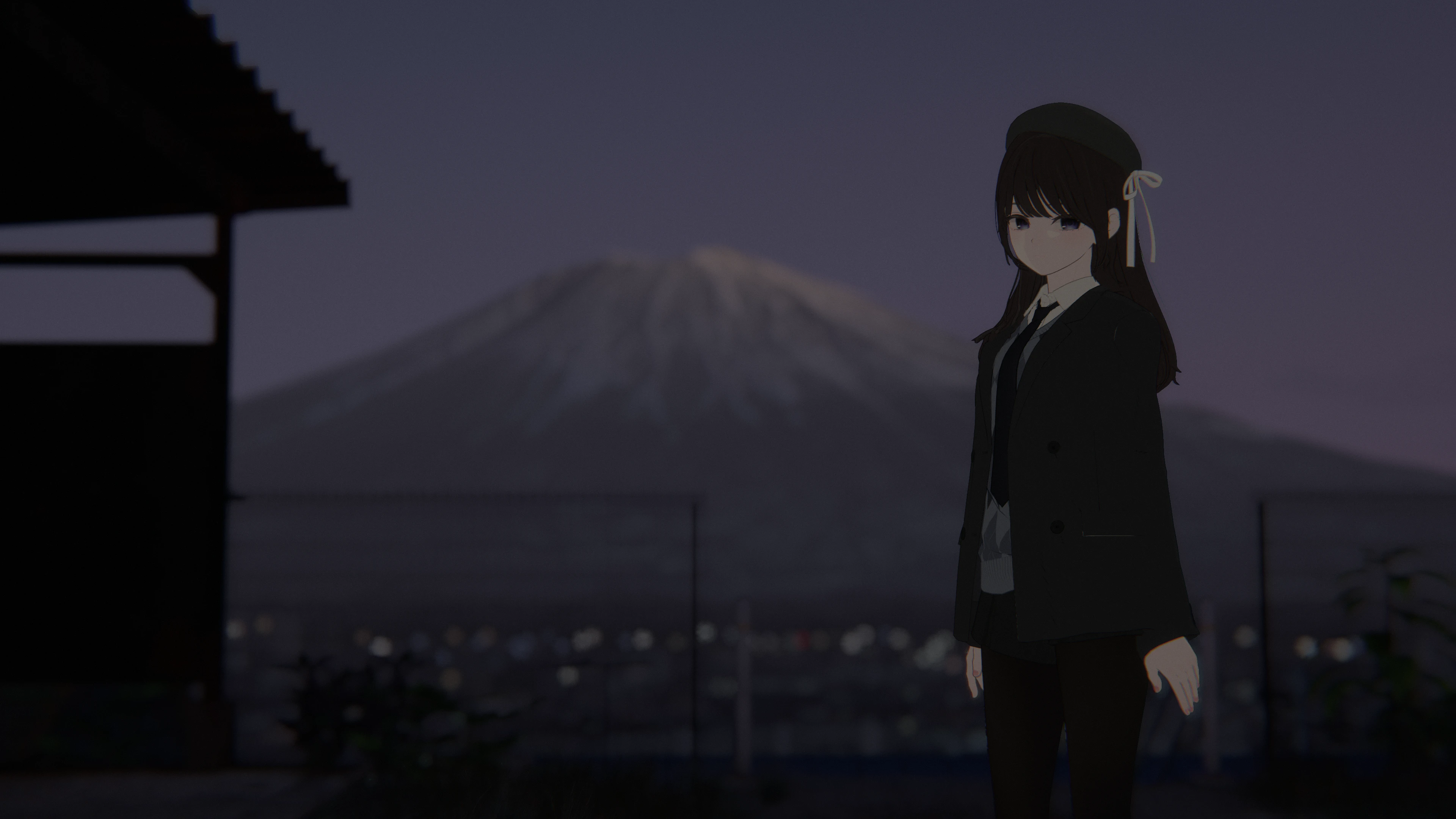 Anime-style avatar standing outdoors at dusk with a mountain and city lights in the background in VRChat.