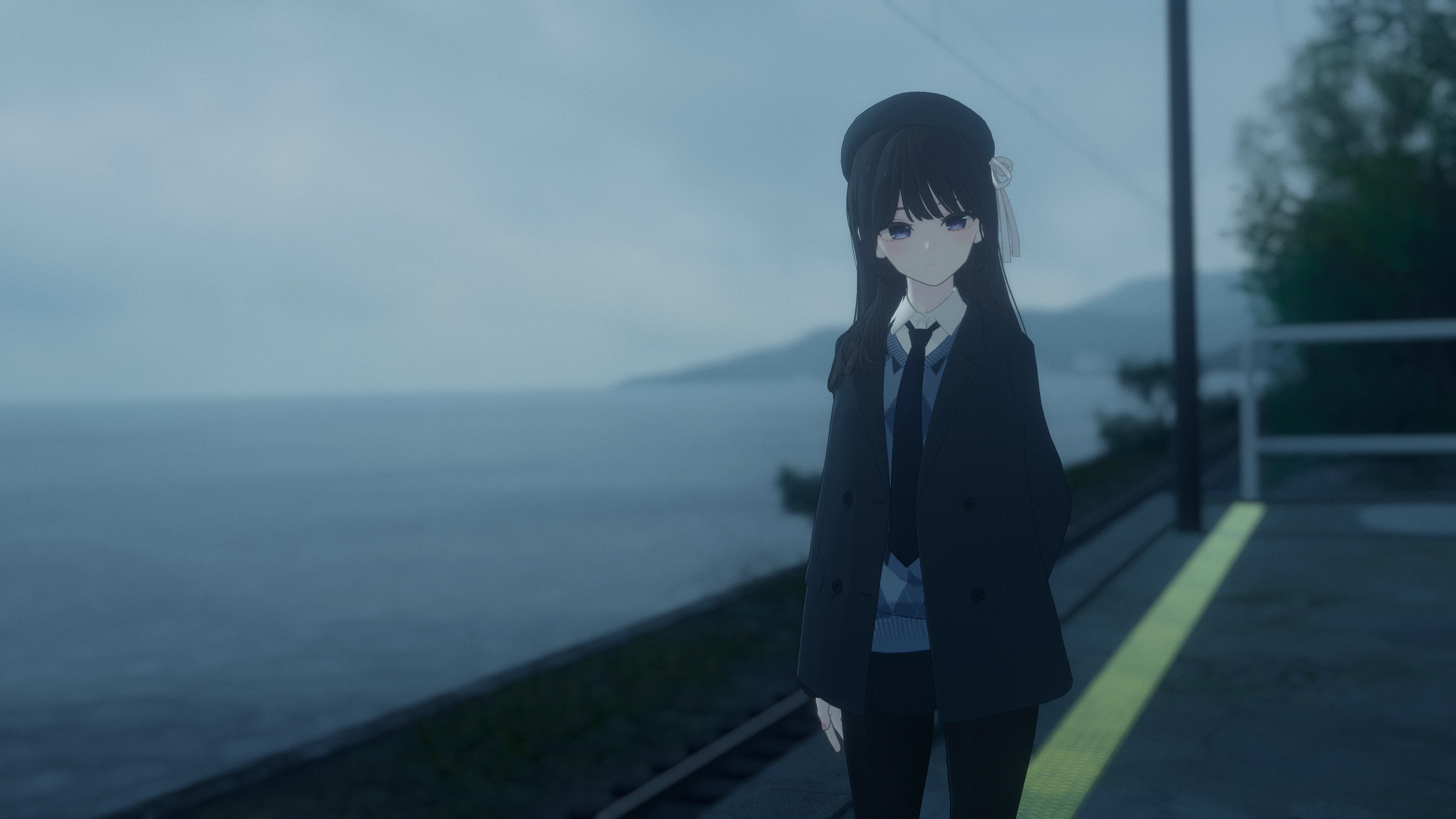 Anime-style avatar standing on a foggy railway platform beside the water in VRChat.
