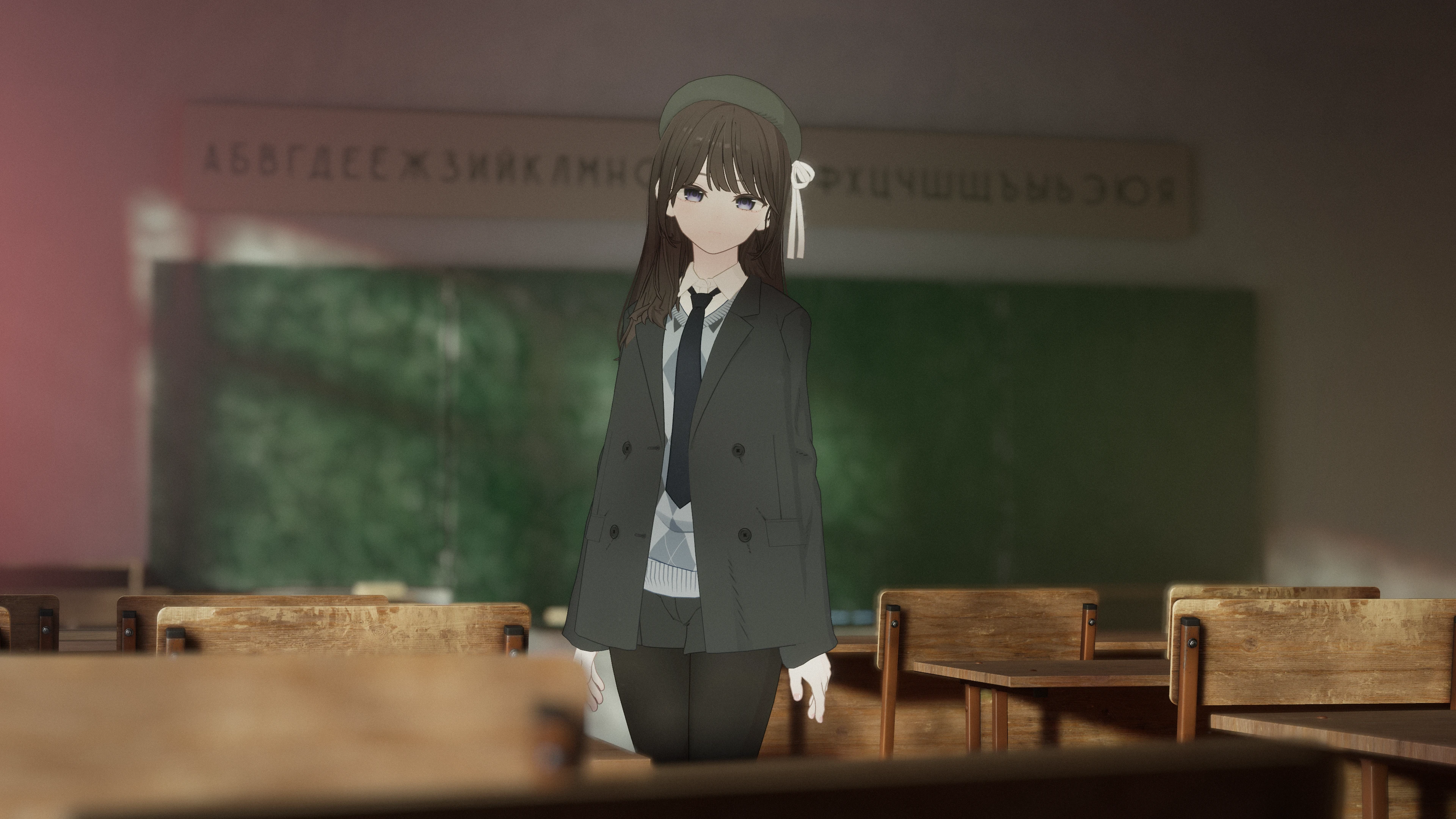 Anime-style avatar standing among wooden desks in front of a chalkboard in VRChat.