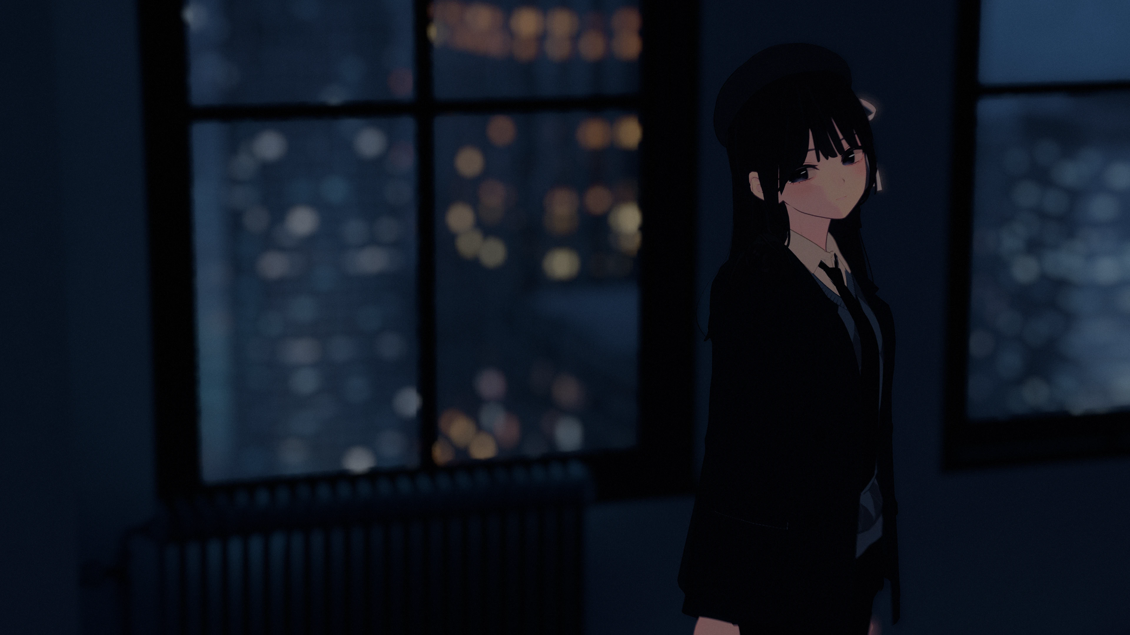 Anime-style avatar standing beside dark windows with blurred city lights outside in VRChat.