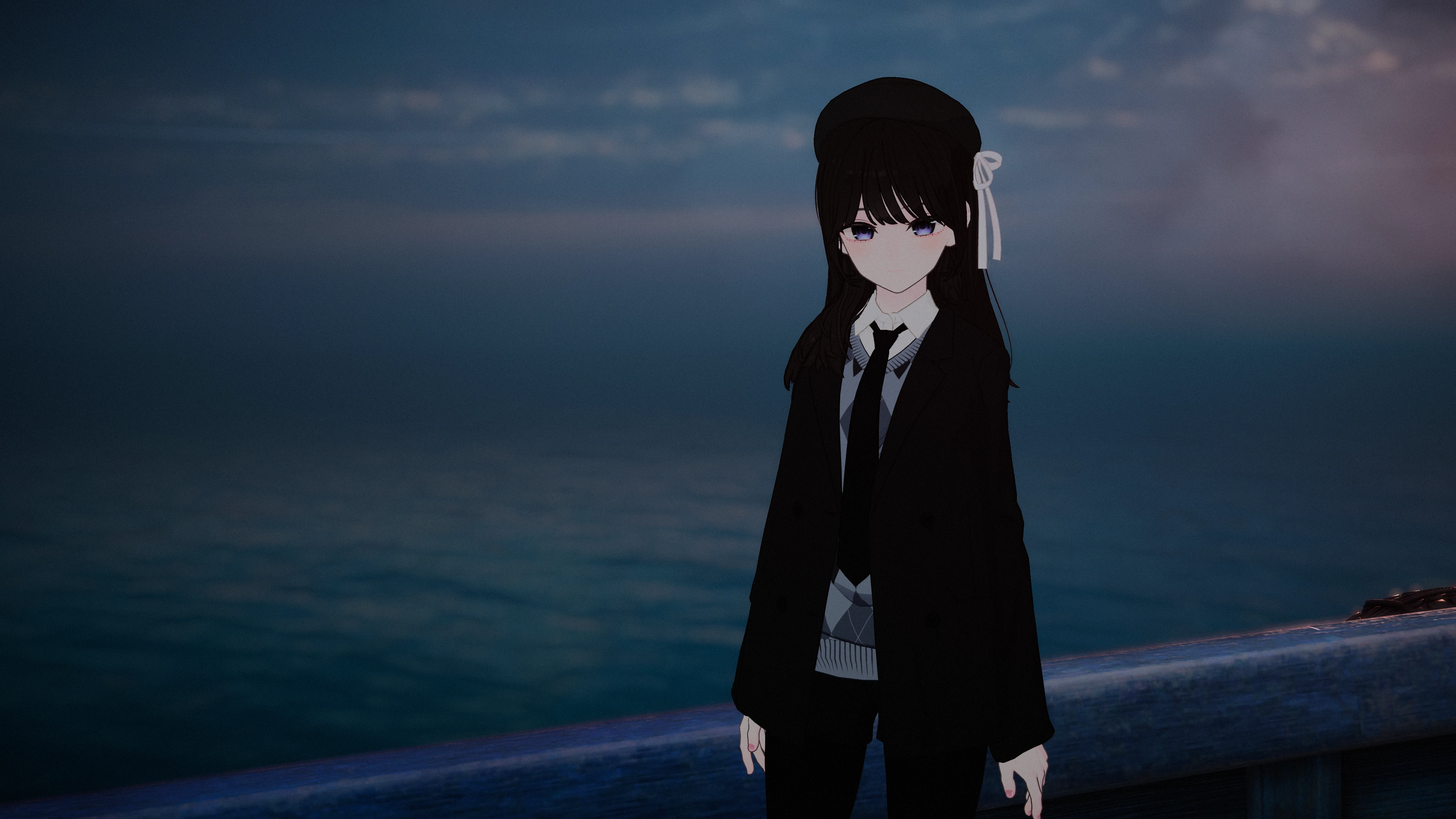 Anime-style avatar in dark clothes standing by a railing with dark water and a cloudy evening sky behind her in VRChat.