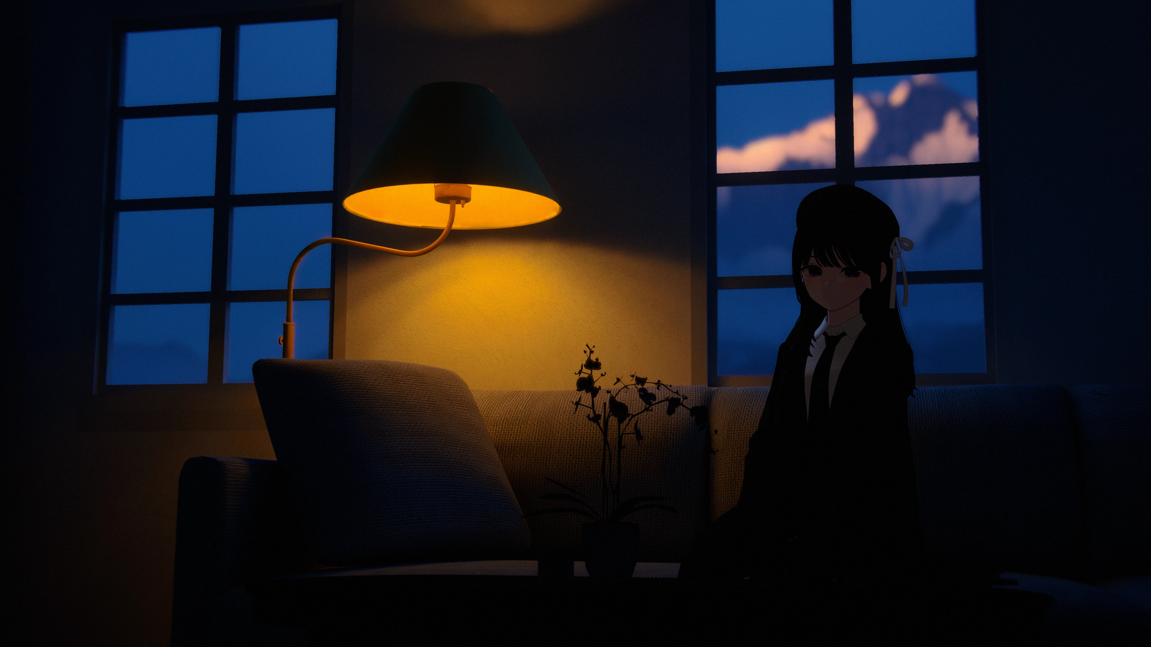 Anime-style avatar seated in a dark living room beside a warmly lit lamp, with blue twilight visible through the windows in VRChat.